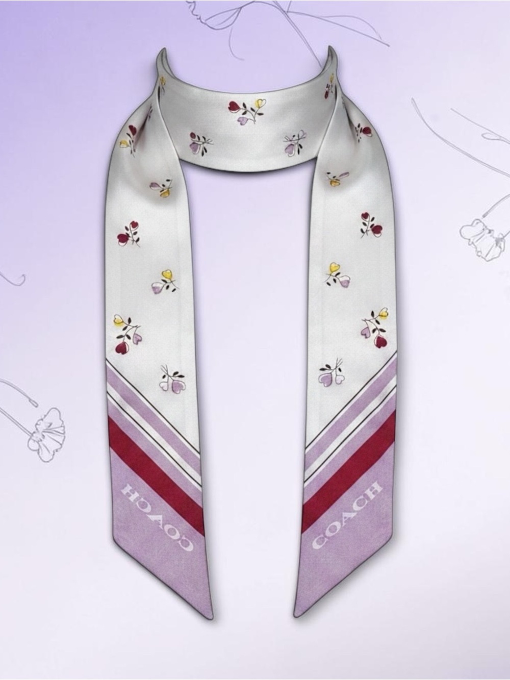 COACH Heart Posy Silk Skinny Scarf NWT